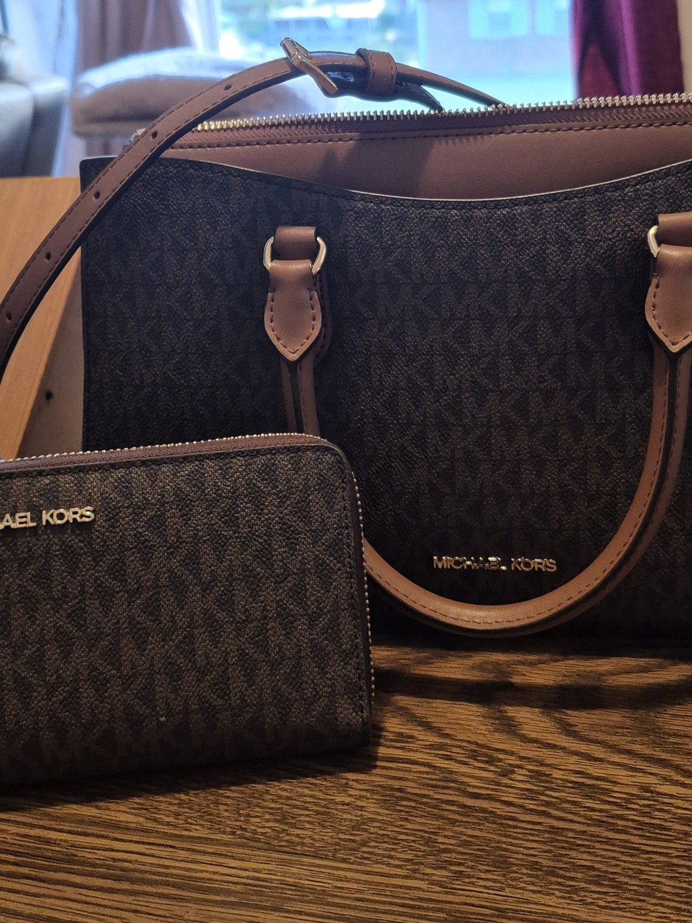 Michael Kors Dark Brown Monogram Tote with Matching Wallet